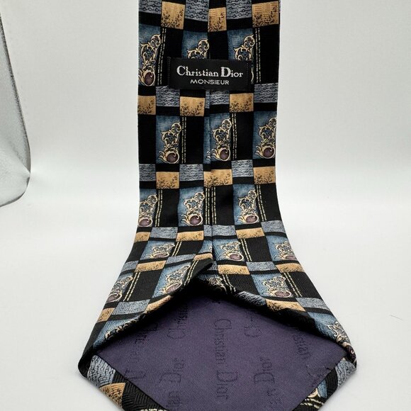 Christian Dior Silk Abstract Tie โ Blue & Yellow 1990s Made in Canada - Picture 1 of 6